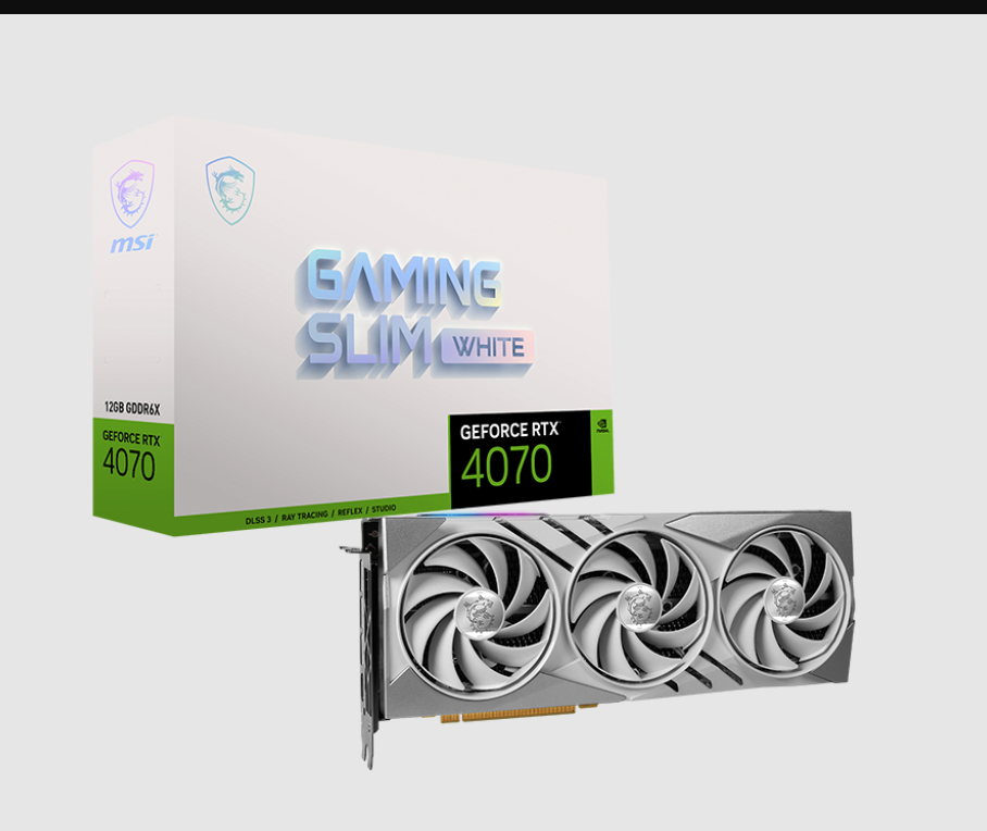  nVIDIA GeForce RTX 4070 GAMING SLIM WHITE 12G<br>Boost Mode: 2475 MHz, 1x HDMI/ 3x DP, Max Resolution: 7680 x 4320, 1x 16-Pin Connector, Recommended: 650W  